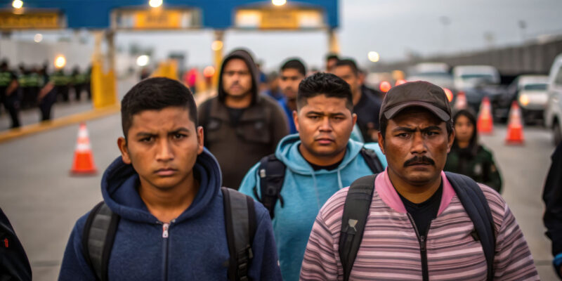 Men foreigners, illegals with bags walk from the border checkpoint. Deportation from the country.