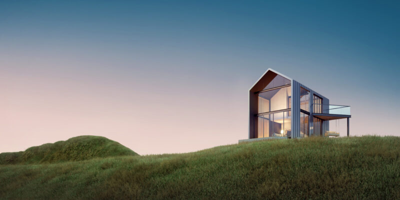Modern farmhouse on meadow hill for real estate concept.3d rende