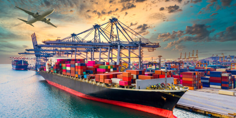 Container cargo ship, Global business import export commerce trade logistic and transportation worldwide by container cargo ship boat in the open sea, Freight shipping maritime vessel.